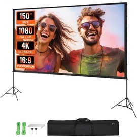Projector Screen with Stand, 150 inch 16:9 4K 1080 HD Outdoor Movie Screen with Stand, Wrinkle-Free Projection Screen with Tripods and Carry Bag, for Home Theater Cinema Backyard Movie Night