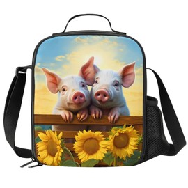 PrelerDIY Pigs Lunch Box - Insulated Lunch Box for Kids Funny 3D Design Sunflower Background with Side Pocket & Shoulder Strap Lunch Bag Perfect for School/Camping/Hiking/Picnic/Beach/Travel