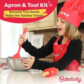 Baketivity Kids Chef Hat and Apron Set for Boys & Girls - One Size Fits All (Adjustable) - Premium, Washable Kids Apron and Chef Hat Set for Cooking - Young Chefs & Junior Bakers Chef Outfit for Kids