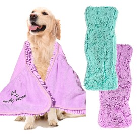 Patas Lague 2 Pack Luxury Absorbent Dog Towels, 35''x15'' Extra Large Microfiber Quick Drying Dog Shammy with Hand Pockets Pet Towel for Dog and Cat, Machine Washable (Lilac+Aqua)