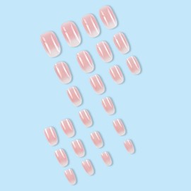 JUSTOTRY 24 Pcs Glossy Milky and Pink Solid Press on Nails Short Designs,False Nails Oval with Nail Glue,French Almond Stick on Nails for Women and Teens,Pretty Fake Nails for Girls Nails Art