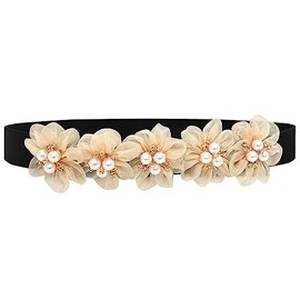 XiFiMak Women's Five-Flowers Slim Elastic Waist Belt Sweet Flower with Small Pearl Elegant Cute Stretch Corset for Dresses Plus Size (Yellow&Black)