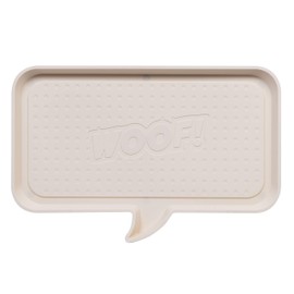 IRIS USA Waterproof Dog Food Mat, Sturdy Plastic, 28"x 14.5" Inner Tray Area, Extra High Lip for Spill-Proof, Non-Slip Rubber Feet, Easy Clean, for Cat Dog Food Bowls & Water Fountains,"WOOF" Ivory