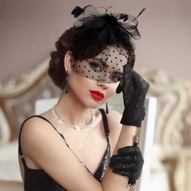 Bencailor Fascinators Hats Tea Party Hat with Lace Gloves Faux Pearl Necklace for Women 1920s Fascinator Hats with Veil for Women Girl Black Wedding(Fashion Style)