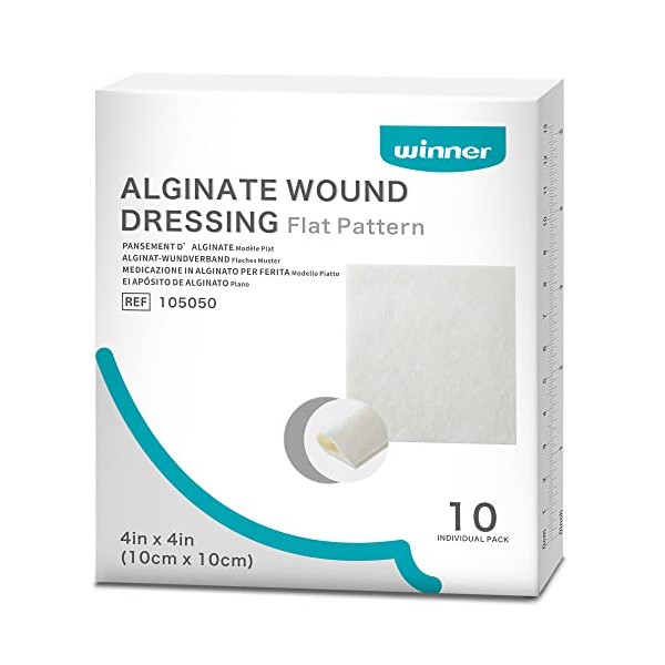Winner Medical Calcium Alginate Wound Dressing Pads 4'' x 4'', Sterile (Box of 10) Antimicrobial, Non-Stick Padding, Highly Absorbent & Comfortable| Flexible & Gentle on The Skin, Faster Healing