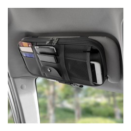 TSUGAMI Car Sun Visor Organizer, PU Leather Vehicle Sunshade Storage Pouch Holder with Multi-Pocket Net Zipper, Auto Interior Organization for Cards Pens Sunglasses, Universal Fit (Black)