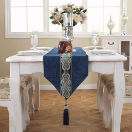 Classic Vintage Table Runner and Dresser Scarf with Tassels Middle Stripe Home Decor, 13 x 70 Inch, Blue