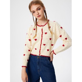 CIDER Women's Cardigan Crew Neck Heart Print Color Block Button Down Crop Top Long Sleeve Cute Cardigan: Ivory, S