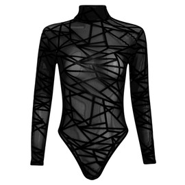 FYMNSI Women's Transparent Long Sleeve Bodysuit Turtleneck String Body Women Mesh Bodysuit Transparent Long Sleeve Body Top, Black grid
