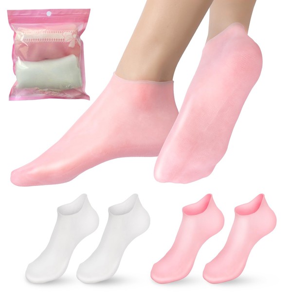 Aluroice 2 Pairs Silicone Moisturizing Socks for Dry Cracked Feet Women, Soft Gel Pedicure Foot Spa Aloe Socks, Anti-Slip Moisturizer Socks for Dry Cracked Feet Overnight Foot Care Pink&White