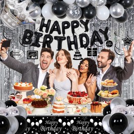 Black and Silver Birthday Decorations for Men Women, Happy Birthday Decorations for Boys Girls, Black and White Birthday Party Decorations Foil Balloons Fringe Curtains Tablecloth Hanging Pendant
