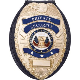 Ryno Gear's Private Security Universal Oval Costume Badge + Holder: Standard Leather Shield Case with, Hook Fastener, 2-5/8" x 3-5 (Oval Badge, Brass Badge - Leather Holder)