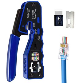 VINET RJ45 Crimp Tool Ethernet Crimping Tool All-in-one Crimper Wire Stripper Cutter For Pass Through Cat6 Cat5e Connectors With Replacement Blades