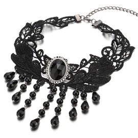 COOLSTEELANDBEYOND Gothic Victorian Nostalgic Black Lace Choker Necklace with Dangling Black Bead Charms Link Chain