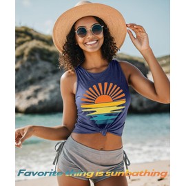 Vintage Sunset Graphic Tank Tops for Women Summer Tropical Tees Beach Travel Trip Loose O Neck Sleeveless Vacation Vibes Muscle Vest,Navy Blue XL