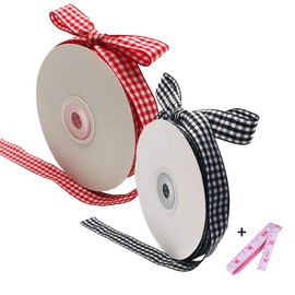 2 PACK 50 Yards 5/8" Black and White Gingham Ribbon + Red and White Buffalo Check Ribbon, Party Craft Decoration Ribbon, 5/8 Inch Polyester Woven Edge Roll for Hair Accessories Craft and Gift Wrapping