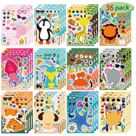 Duodkmai 36Pcs Make a Face Stickers Set,Make Your Own Animal Mix and Match Sticker,Animal Stickers for Kids, DIY Party Favor,Classroom Rewards