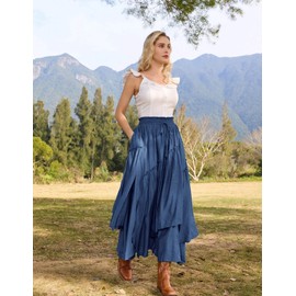 Scarlet Darkness Women Renaissance Maxi Skirt A Line Elastic Waist Tiered Flowy Long Skirt Denim Blue XL