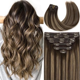 Hair Extensions Real Human Hair Clip ins 22in Seamless Clip in Human Hair Extensions 8Pcs 19 Clips PU Skin Weft Chestnut Brown Mixed Dark Brown with Dark Brown Roots Invisible Human Hair 150g