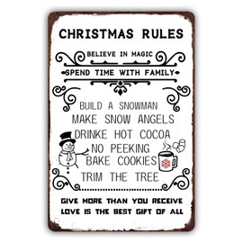 Christmas House Rules Metal Tin Sign Christmas Decor Hot Cocoa Snowman Family Wall Sign Home Bar Pub House Decoration Vintage Tin Sign 8x12 inch