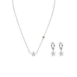 Purelei® Beach Star Set - Filigree Necklace & Hoop Earrings with Starfish Pendants & Coral Gemstone, 18K Gold Plated Stainless Steel Jewellery Set Jewellery for Women, Stainless Steel, Agate