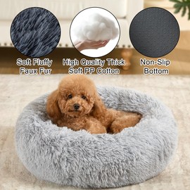Kimpets Dog Calming Beds for Small Medium Large Dogs - Round Donut Washable Puppy Dog Bed, Anti-Slip Faux Fur Fluffy Donut Cuddle Anxiety Cat Pet Bed(Light Grey 20")