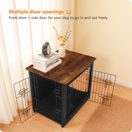 DWANTON Dog Crate Furniture with Cushion, Wooden Dog Crate with Double Doors, Dog Furniture, Dog Kennel Indoor for Small Dog，End Table, 27.2" L, Black+Rustic Brown