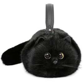 Handmade Black Shoulder Bag, Furry Cat Purse, Kitty Purse, Kitty Cat Bag - Spacious Design Can Hold Phone - Presents for Black Cat Lovers, Valentine's Day, Birthdays, Anniversaries