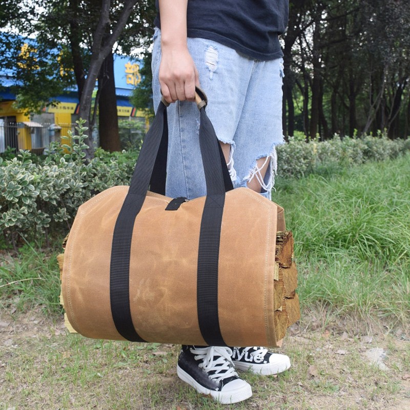 Waxed Canvas Waterproof Large Portable Firewood Holder Bag Log Carrier