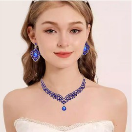 Qlavoca Women Fashion Jewelry Set Crystal Bridal Statement Necklace Teardrop Pendant Necklace Cluster Dangle Earring (Roylal Blue)