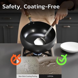 MACTANO Uncoated Iron Pan, Nonstick Wok Hand Forged Iron Pan with Lid Stir Fry Wok Skillet for Cooking - 11.02IN