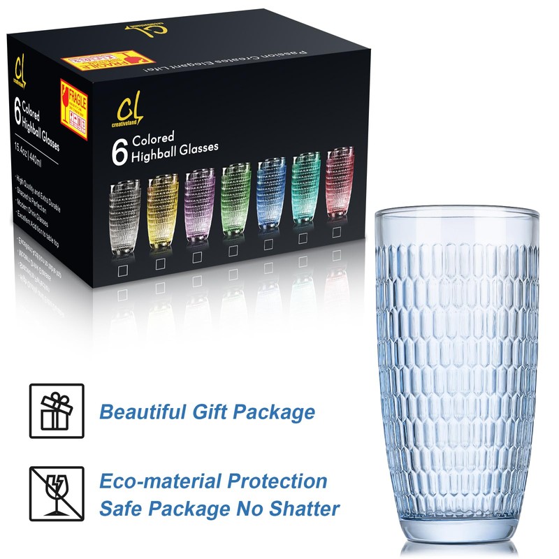 CREATIVELAND Highball Beverage Glasses Set of 6 Romantic Colored Thick