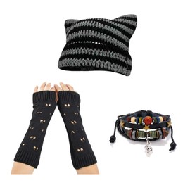 Therian Gear Y2K Emo Grunge Accessory Cat Beanie Grunge Gloves Fairycore Bracelets Black