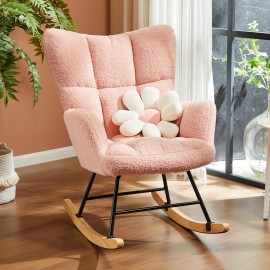 DUMOS Comfy Teddy Fabric Rocking Chair,Glider Ergonomic Modern Accent Reading Recliner - Light Pink