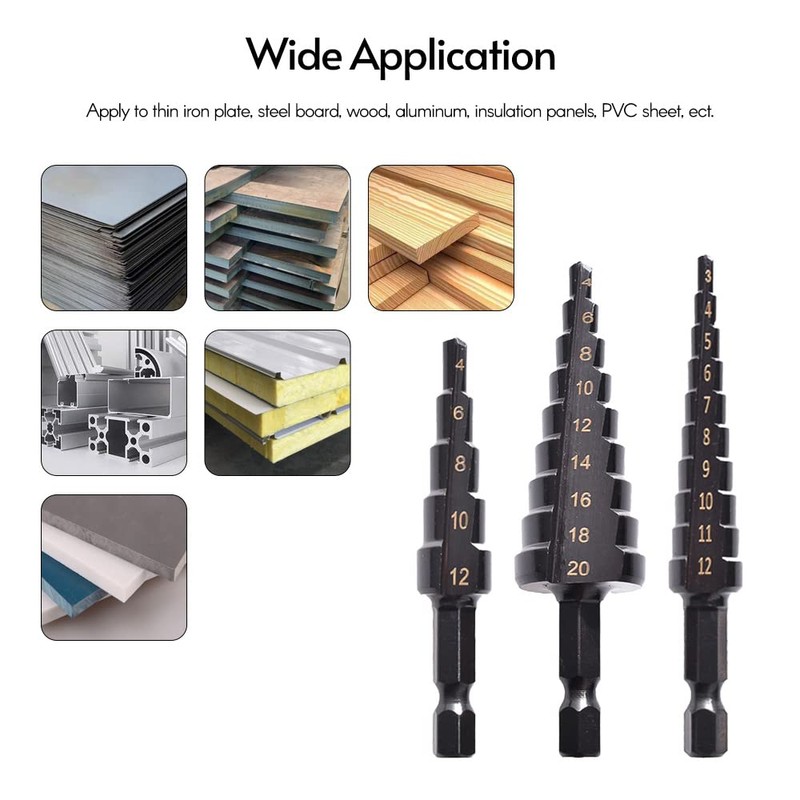 3PCS HSS Cobalt Stepped Drill Bit Set Practical Black Nitride