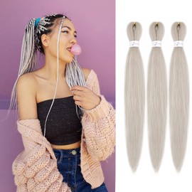 IXIMII 16 inch Silver Gray Pre Stretched Braiding Hair 3 packs Prestretched Kanekalon Hair Grey Soft Straight Crochet Braids Yaki Texture Synthetic Hair Extensions