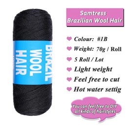 Samtress Brazilian Wool Hair 5 Pcs Natural Black Acrylic Yarn for African Crochet Braids Synthetic Jumbo Braids Box Braids Faux Locs Knitting Hair Extensions for Women (#1B)
