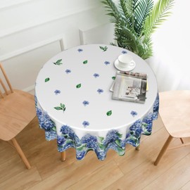 Robvobe Spring Round Tablecloth 60 Inch Watercolor Hydrangea Flower Blue Floral Summer Print Decorative Washable Polyester Table Cloth for Party Picnic Home Kitchen Decor Decoration