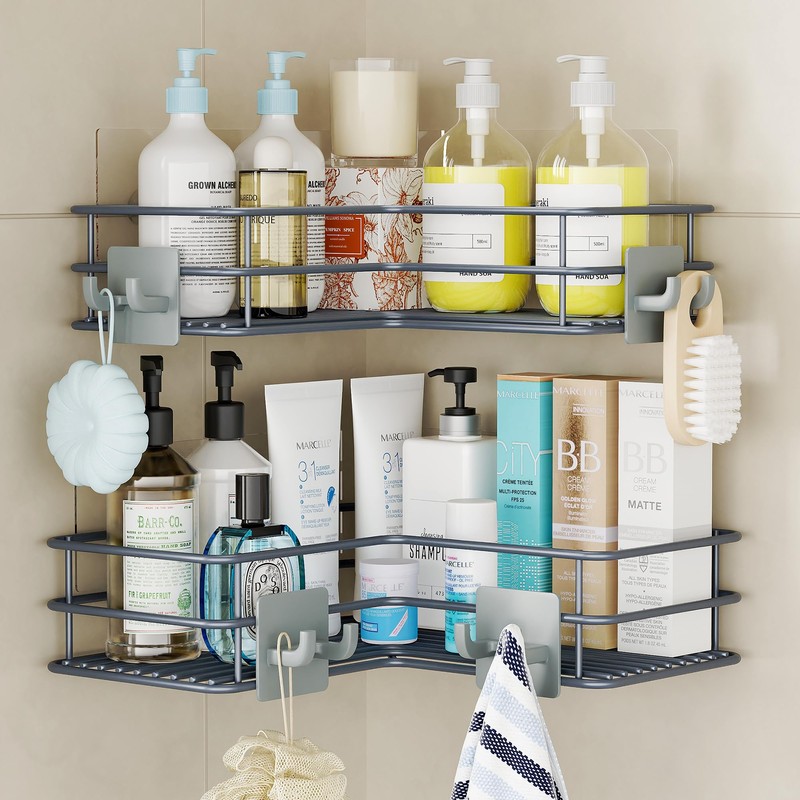 Nieifi Adhesive Corner Shower Caddy Shelf Basket Rack with Hooks,