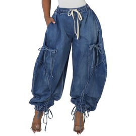 Kwunbwa Women's Baggy Cargo Jogger Jeans Barrel High Waisted Wide Leg Drawstring Y2K Loose Harem Denim Pants with Pockets Blue