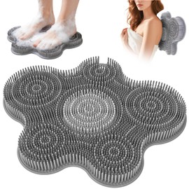 Shower Foot Scrubber Mat Silicone Back Exfoliating Cleaner, Feet Message Bath Washer Pad with Suction Cups for Wall Non-Slip - Itchy Toes Dead Skin Beauty Deep Clean Soft Bristles 14.2 * 11.2in Grey