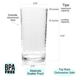 KX-WARE 20-ounce Acrylic Glasses Plastic Tumbler, set of 6 Clear - Hammered Style, Dishwasher Safe, BPA Free