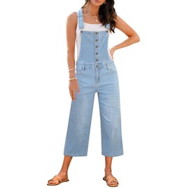 luvamia Overalls for Women Capri Wide Leg Jean Jumpsuit Denim Button Front Denim Outfit Jean Bib Overalls for Women Cool Blue Size Medium US 8 to 10