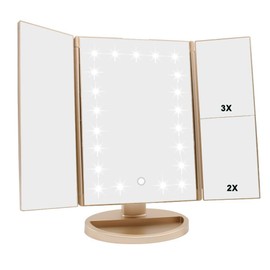 Flymiro Tri-fold Lighted Vanity Makeup Mirror with 3x/2x/1x Magnification, 21Leds Light and Touch Screen,180 Degree Free Rotation Countertop Cosmetic Mirror,Travel Makeup Mirror (Gold)