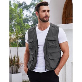 Gihuo Men's Utility Fishing Vest Lightweight Outdoor Work Safari Travel Cargo Vest with Multi-Pockets (US, Alpha, Large, Regular, Regular, Grey)