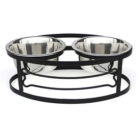 NMN Designs - Bone Double Diner Pet Feeding Station - Size Small, 5 Inches Tall w/ 1 Quart Food-Safe Stainless Steel Bowls with Rubber Gasket, Black, Metal Elevated Pet Bowl Set – Qty 1
