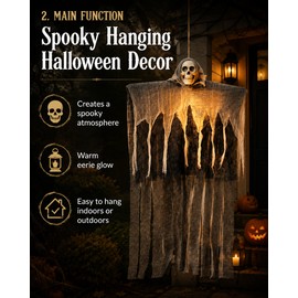 Hanging Skeleton Ghost for Halloween Decor – Gauze Skull Prop with Optional Glow Effect for Porch, Garden & Haunted House Displays