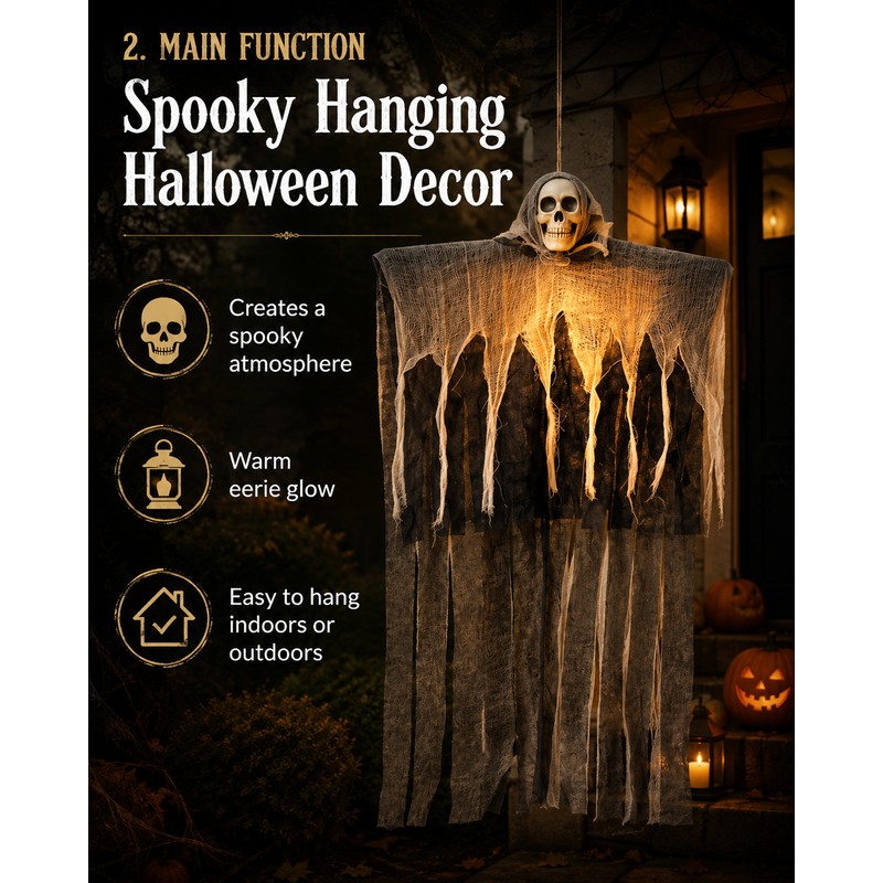 Hanging Skeleton Ghost for Halloween Decor – Gauze Skull Prop