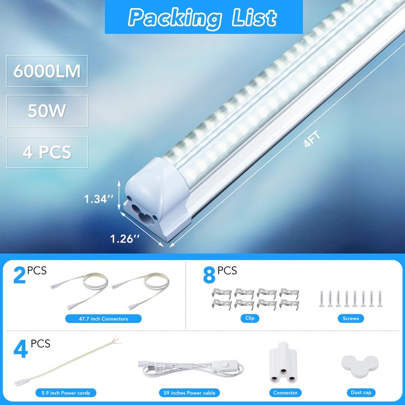 Dzkafycm 4FT LED Shop Lights, 4 Pack T8 Linkable LED