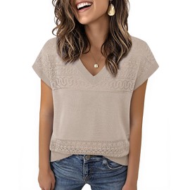 Messic Cute Holiday Tops: Knit Shirts - Hollow Out Tops for Woman - Dressy Sweaters for Women V Neck Tops for Women Elegant Work Shirts for Woman Business Casual Lightweight Pretty Sweaters L Oatmeal